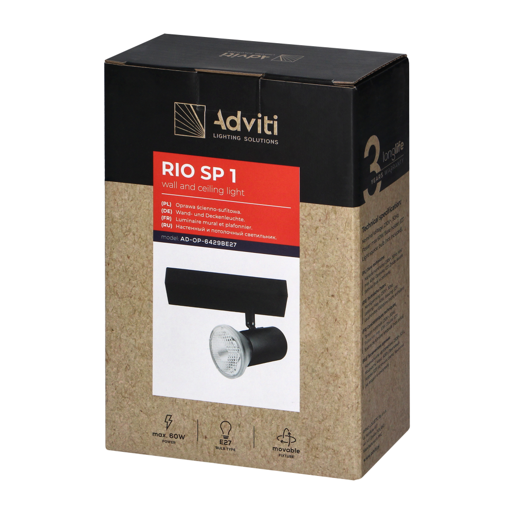 RIO SP1, wall and ceiling light, E27 max. 60W, IP20, black